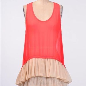 Coral tunic with nude ruffle